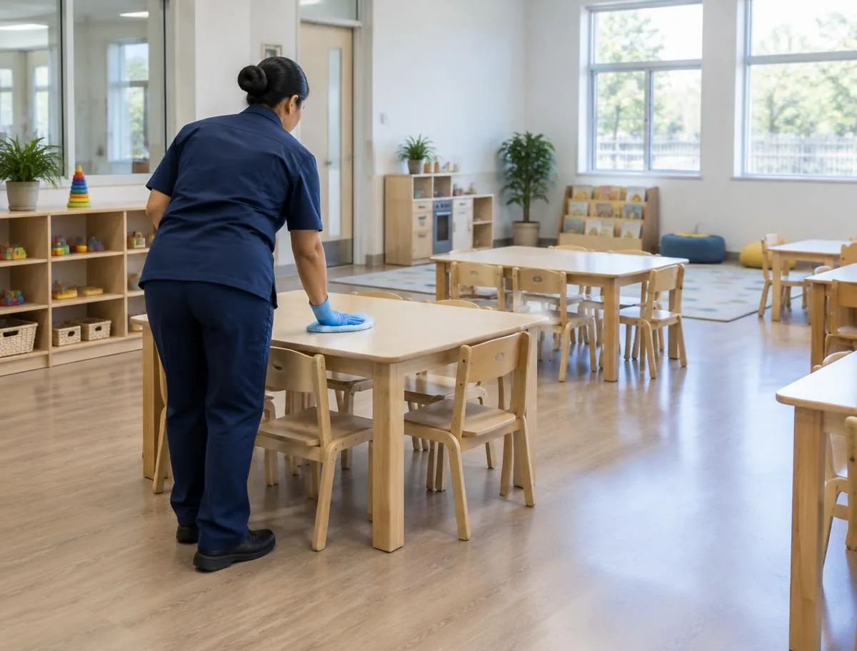 Illustration of a cleaner wiping a child-sized table