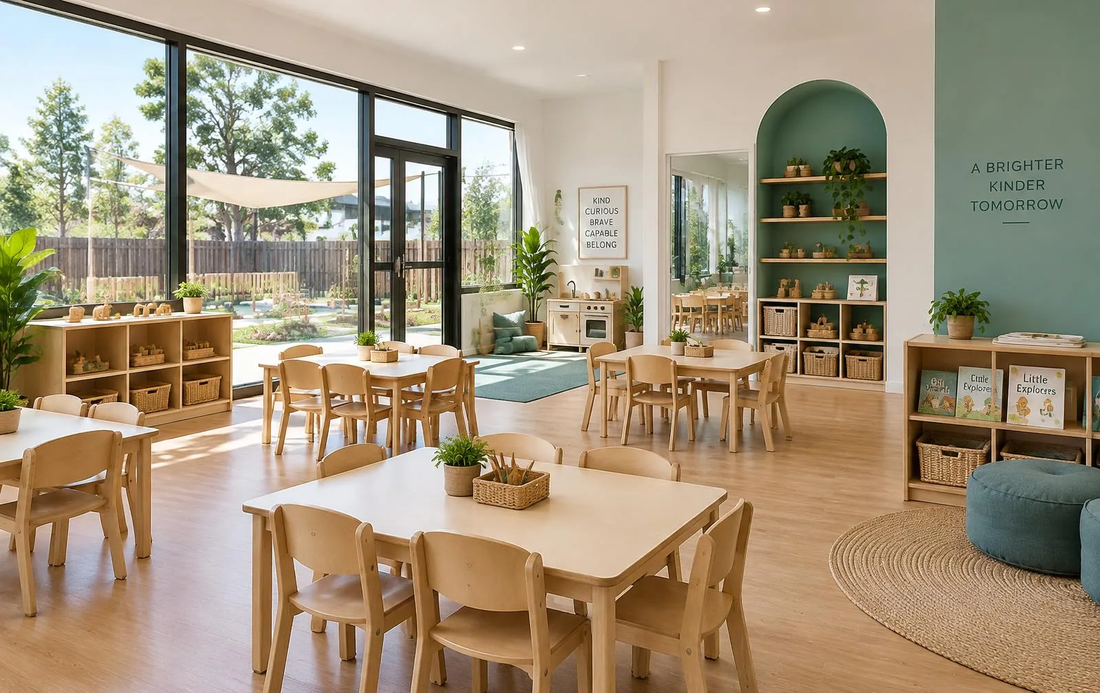 Clean, bright modern childcare classroom with tables and chairs neatly arranged