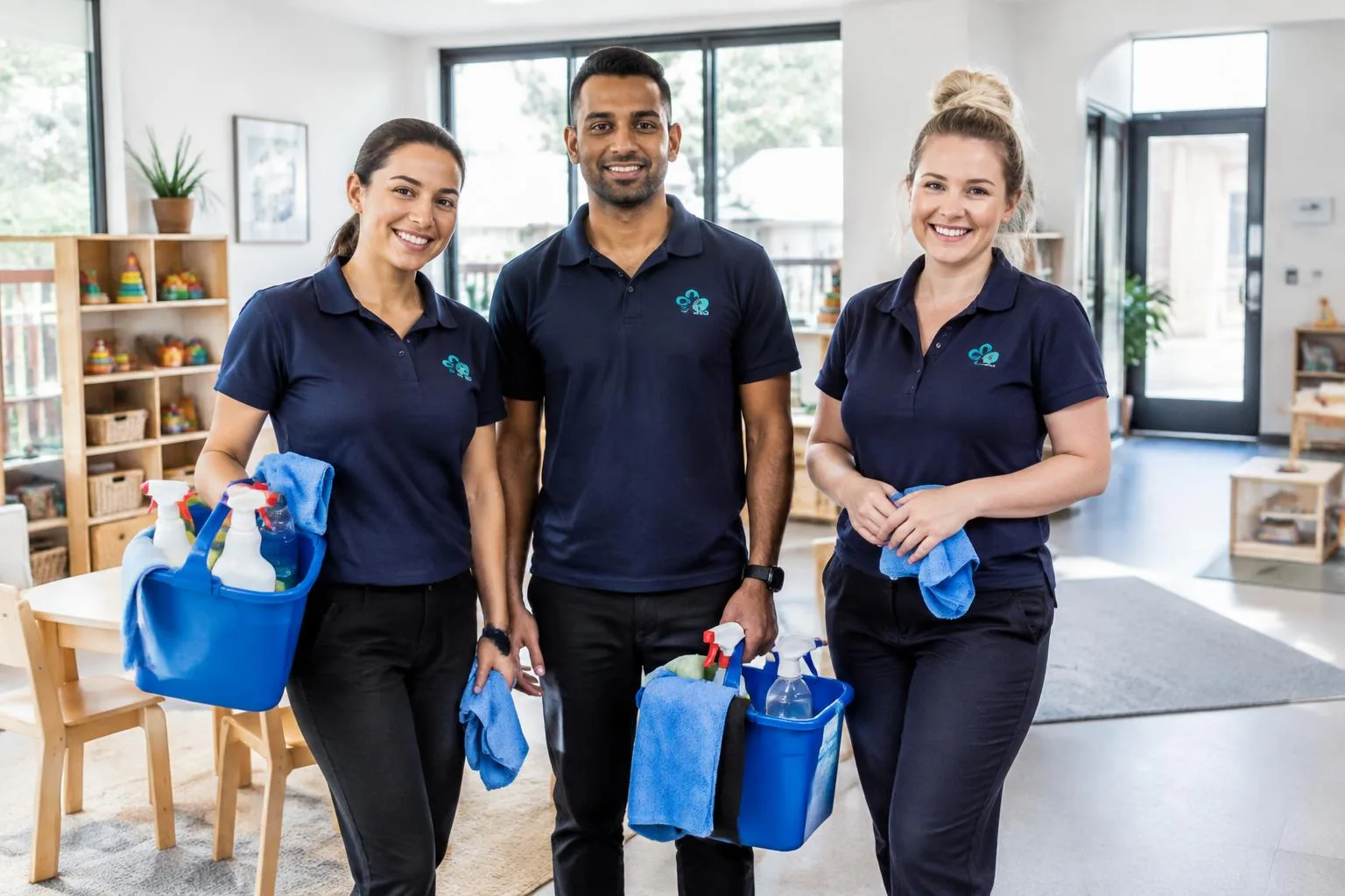 Generated illustration of cleaners in navy uniforms in an early learning room