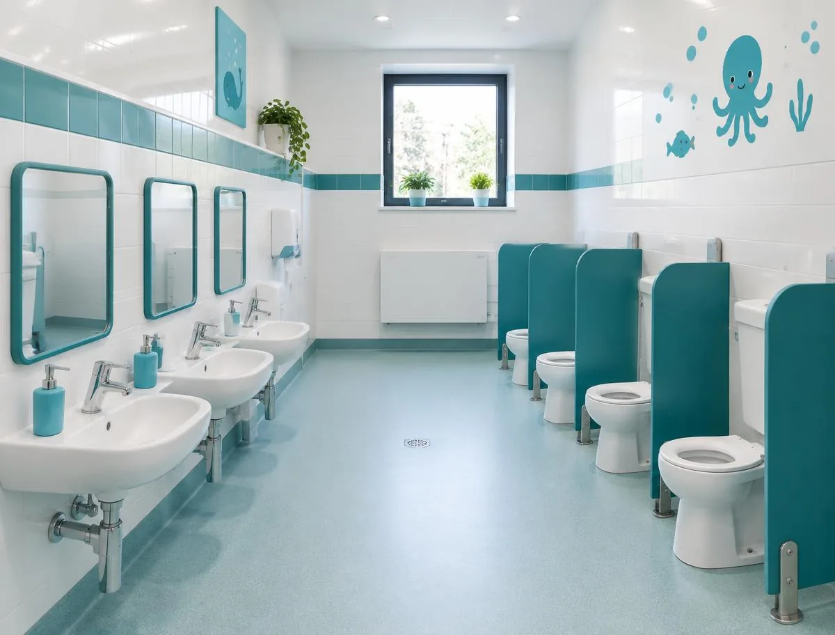 Spotless children's washroom with low basins in a childcare centre